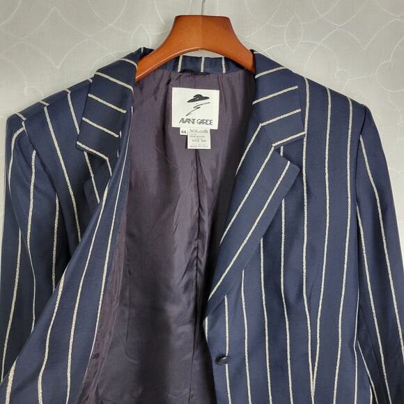 Vintage Avant‎ Garde Silk Jacket Womens 44 Navy Blue Pin Striped Italian Minimal - Picture 8 of 11